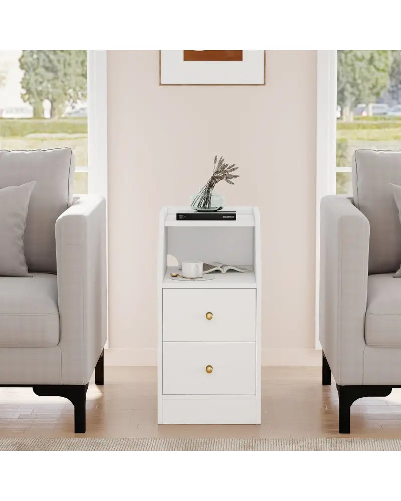 Side End Table with Charging Station Sofa Couch Table with Shelf Drawers-White - White - End & Side Tables
