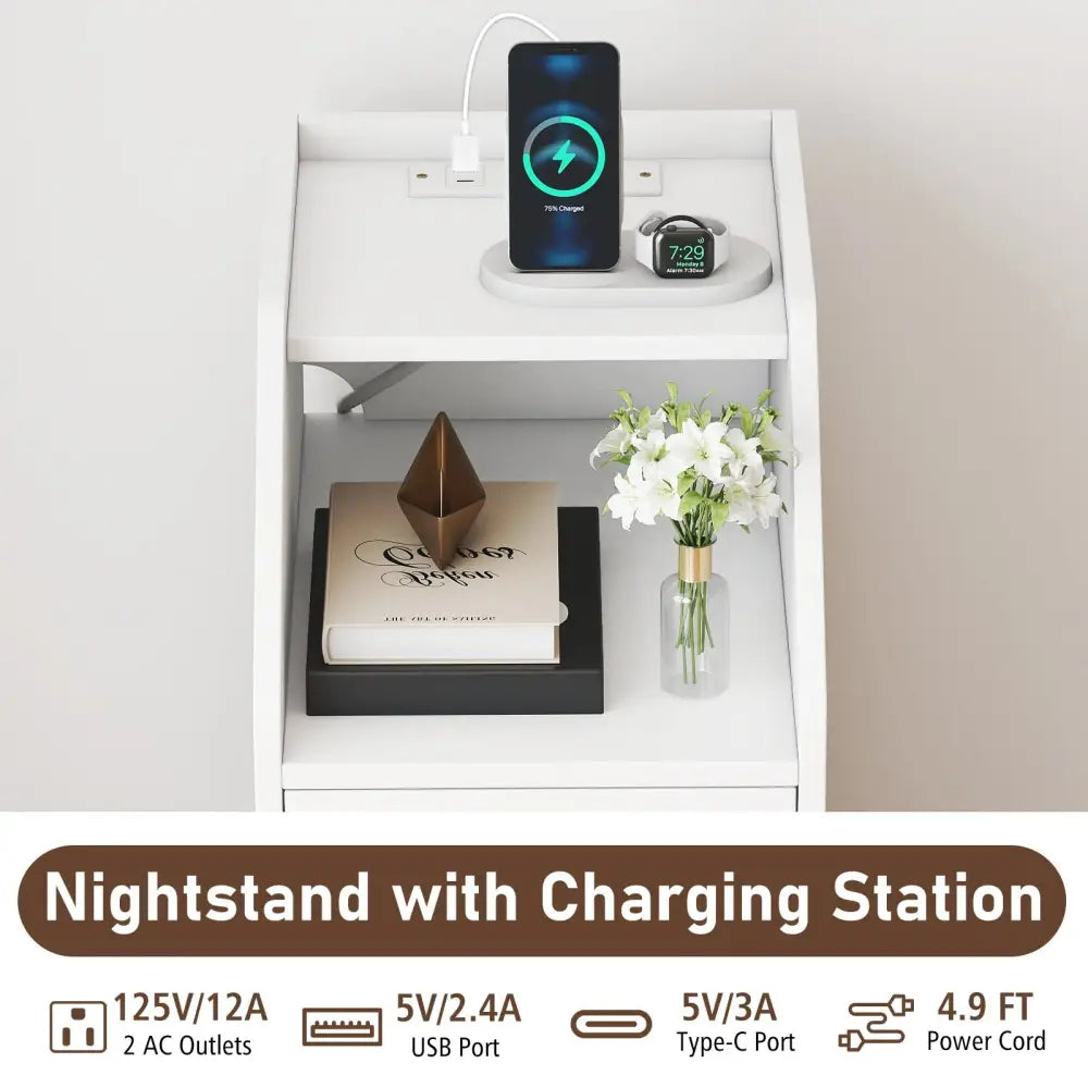 Side End Table with Charging Station Sofa Couch Table with Shelf Drawers-White - White - End & Side Tables
