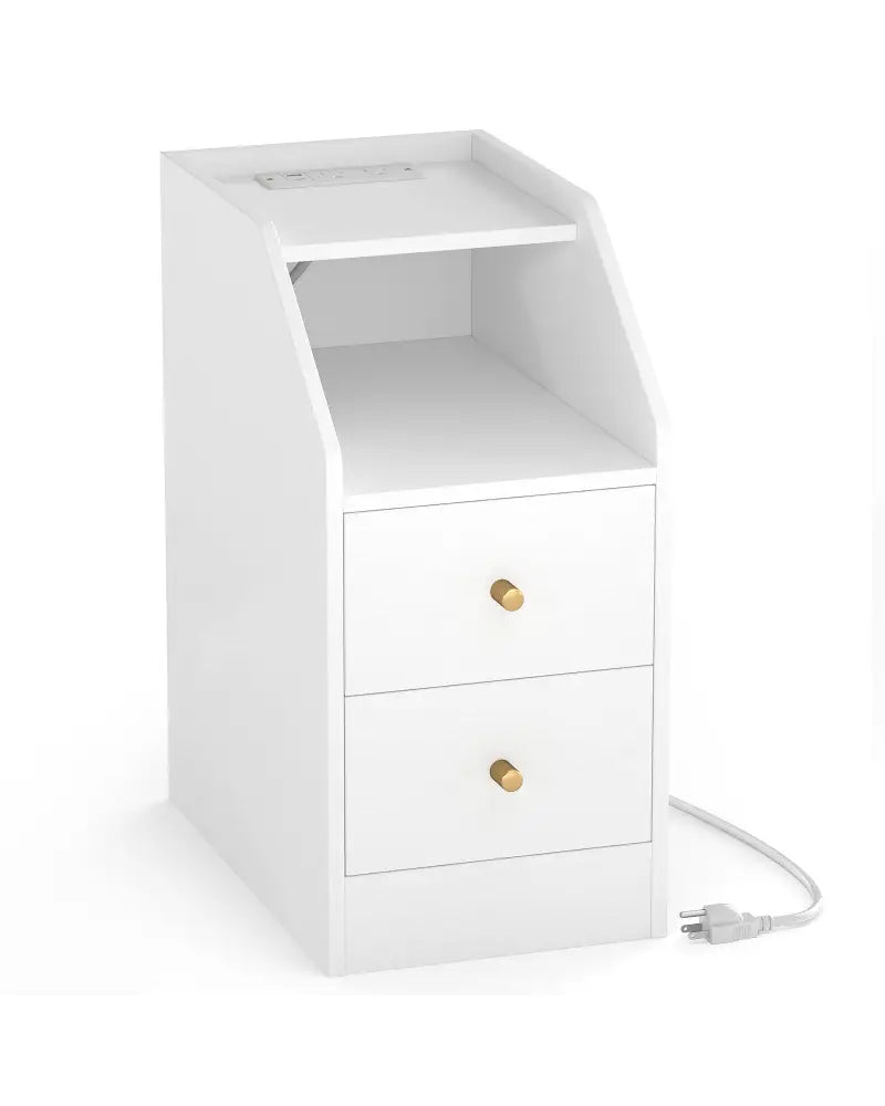 Side End Table with Charging Station Sofa Couch Table with Shelf Drawers-White - White - End & Side Tables