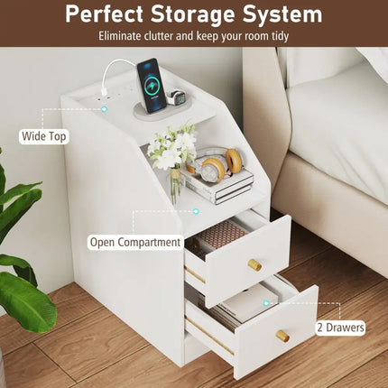 Side End Table with Charging Station Sofa Couch Table with Shelf Drawers-White - White - End & Side Tables