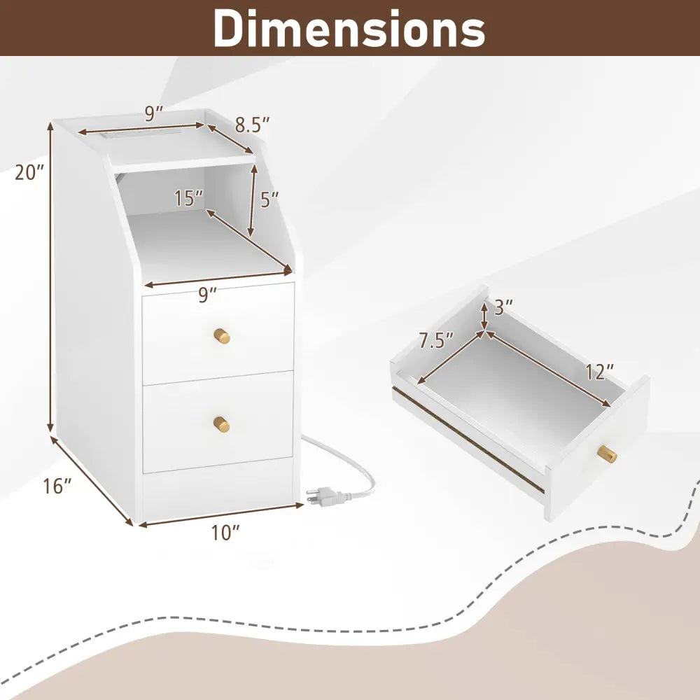 Side End Table with Charging Station Sofa Couch Table with Shelf Drawers-White - White - End & Side Tables