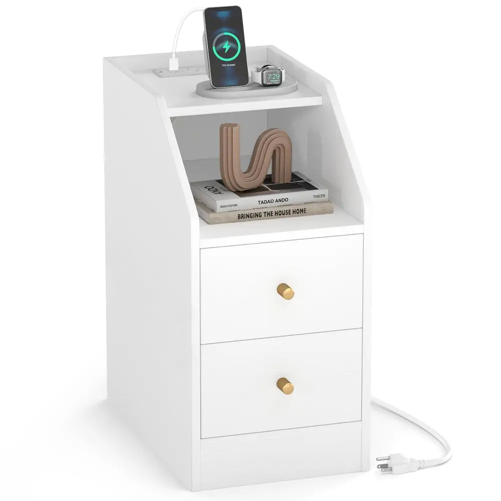 Side End Table with Charging Station Sofa Couch Table with Shelf Drawers-White - White - End & Side Tables