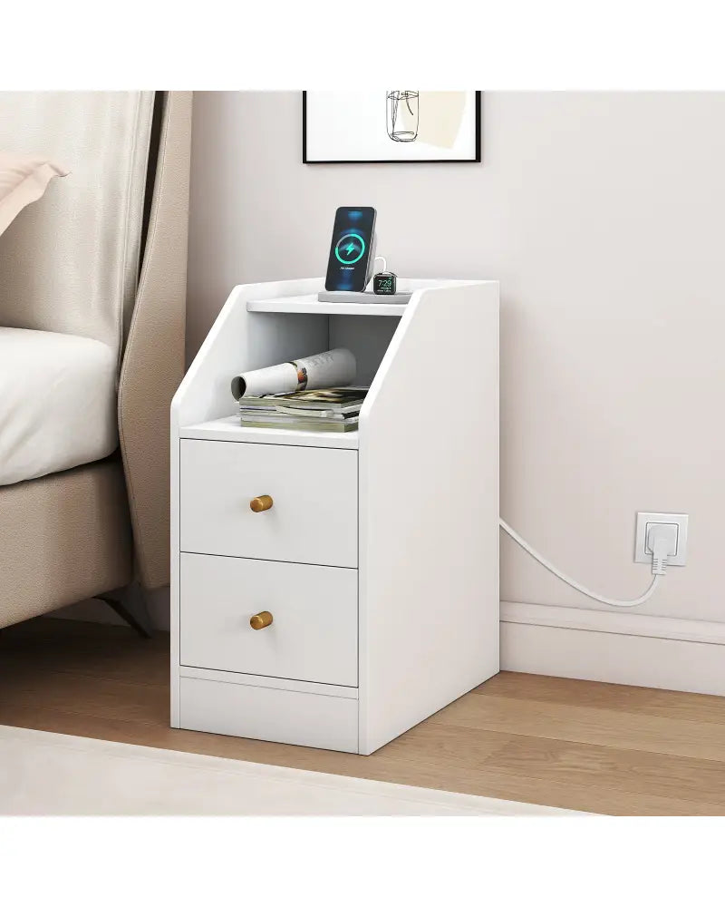 Side End Table with Charging Station Sofa Couch Table with Shelf Drawers-White - White - End & Side Tables