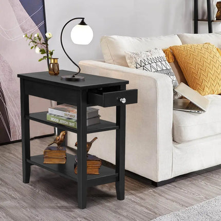 Side End Table with Drawer and 2-Tier Open Storage Shelves for Space Saving-Black Costway