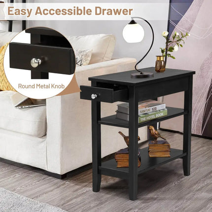 Side End Table with Drawer and 2-Tier Open Storage Shelves for Space Saving-Black Costway