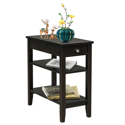 Side End Table with Drawer and 2-Tier Open Storage Shelves for Space Saving-Brown Costway