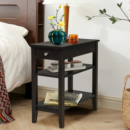 Side End Table with Drawer and 2-Tier Open Storage Shelves for Space Saving-Brown Costway