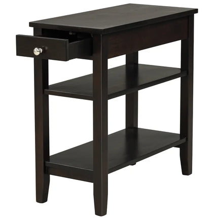 Side End Table with Drawer and 2-Tier Open Storage Shelves for Space Saving-Brown Costway