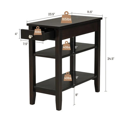 Side End Table with Drawer and 2-Tier Open Storage Shelves for Space Saving-Brown Costway