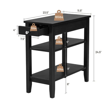 Side End Table with Drawer and 2-Tier Open Storage Shelves for Space Saving-Black Costway