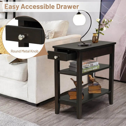 Side End Table with Drawer and 2-Tier Open Storage Shelves for Space Saving-Brown Costway