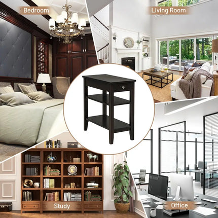 Side End Table with Drawer and 2-Tier Open Storage Shelves for Space Saving-Brown Costway