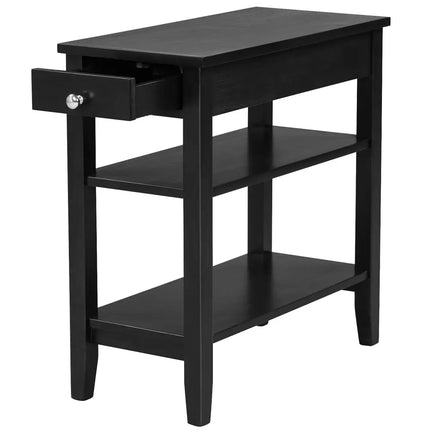 Side End Table with Drawer and 2-Tier Open Storage Shelves for Space Saving-Black Costway
