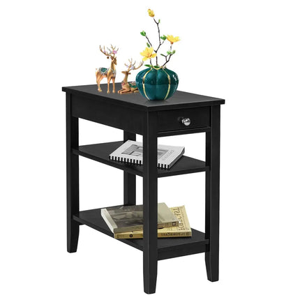 Side End Table with Drawer and 2-Tier Open Storage Shelves for Space Saving-Black Costway