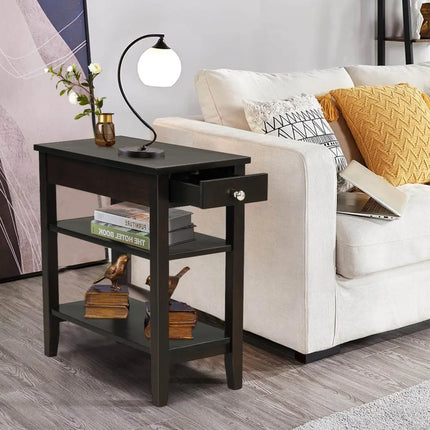 Side End Table with Drawer and 2-Tier Open Storage Shelves for Space Saving-Brown Costway