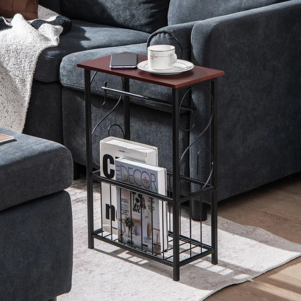 Side Sofa Narrow Table with Removable Paper Holder for Living Room-Brown - Brown - End & Side Tables
