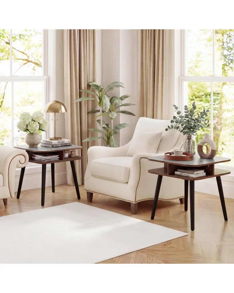 Side Table Faux Marble End Table with Storage Shelves and Rubber Wood Legs-Walnut - Walnut - End & Side Tables