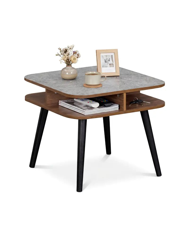 Side Table Faux Marble End Table with Storage Shelves and Rubber Wood Legs-Walnut - Walnut - End & Side Tables