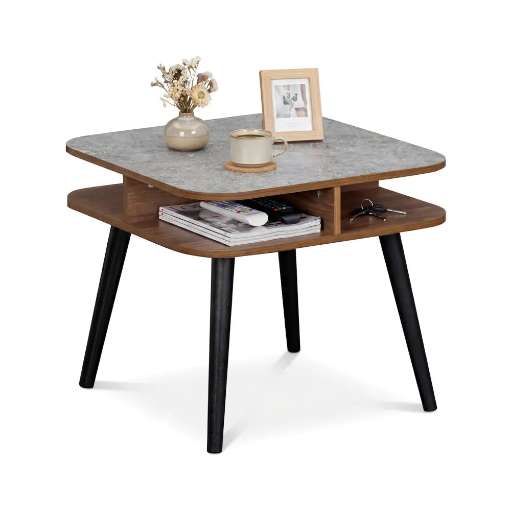 Side Table Faux Marble End Table with Storage Shelves and Rubber Wood Legs-Walnut - Walnut - End & Side Tables