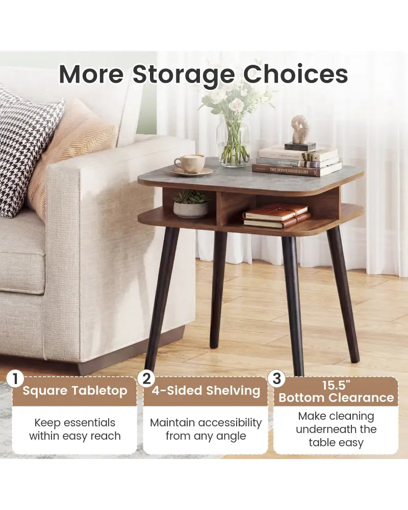 Side Table Faux Marble End Table with Storage Shelves and Rubber Wood Legs-Walnut - Walnut - End & Side Tables