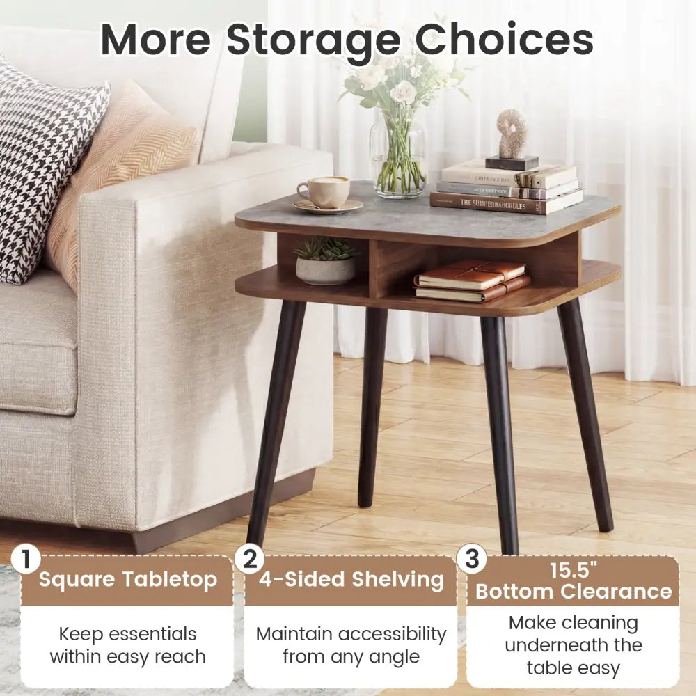 Side Table Faux Marble End Table with Storage Shelves and Rubber Wood Legs-Walnut - Walnut - End & Side Tables
