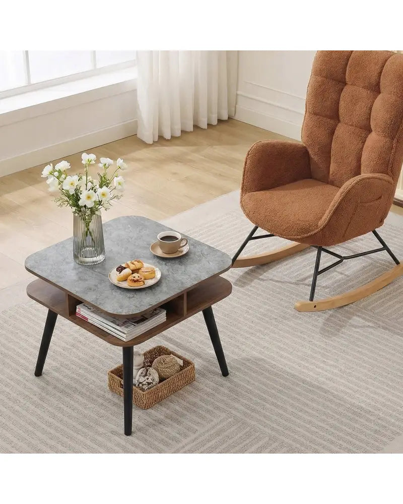 Side Table Faux Marble End Table with Storage Shelves and Rubber Wood Legs-Walnut - Walnut - End & Side Tables