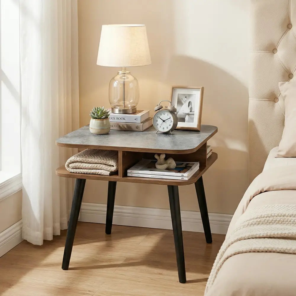 Side Table Faux Marble End Table with Storage Shelves and Rubber Wood Legs-Walnut - Walnut - End & Side Tables