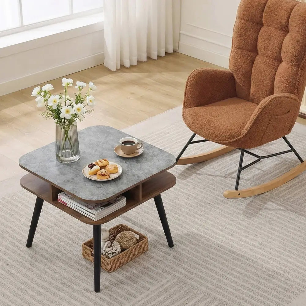 Side Table Faux Marble End Table with Storage Shelves and Rubber Wood Legs-Walnut - Walnut - End & Side Tables