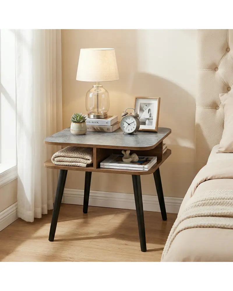 Side Table Faux Marble End Table with Storage Shelves and Rubber Wood Legs-Walnut - Walnut - End & Side Tables