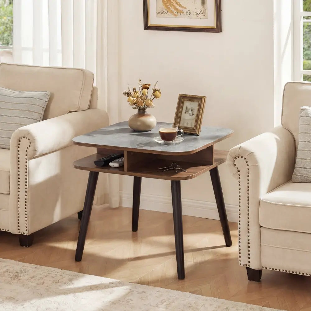 Side Table Faux Marble End Table with Storage Shelves and Rubber Wood Legs-Walnut - Walnut - End & Side Tables