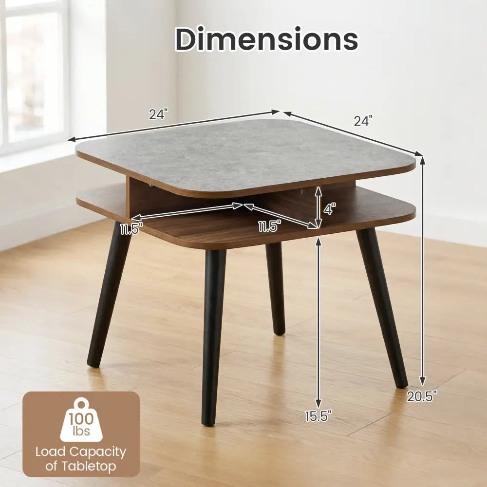 Side Table Faux Marble End Table with Storage Shelves and Rubber Wood Legs-Walnut - Walnut - End & Side Tables