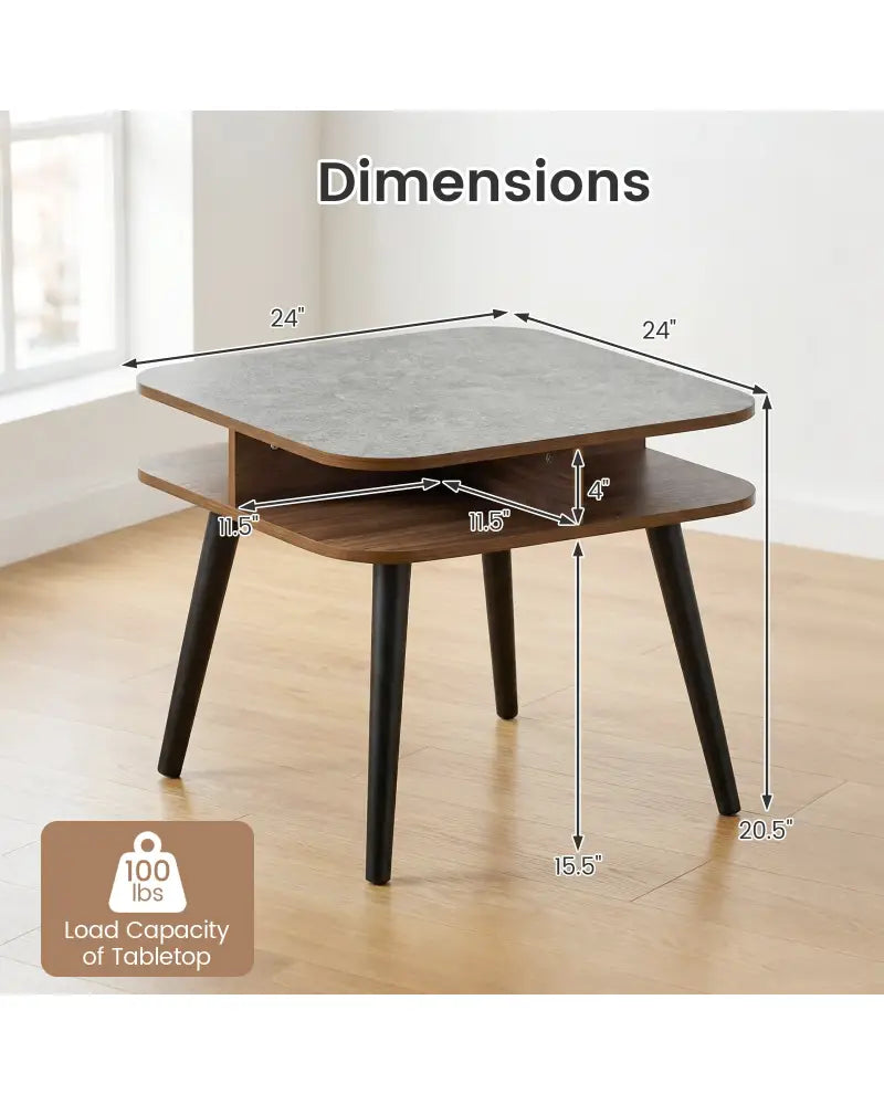 Side Table Faux Marble End Table with Storage Shelves and Rubber Wood Legs-Walnut - Walnut - End & Side Tables