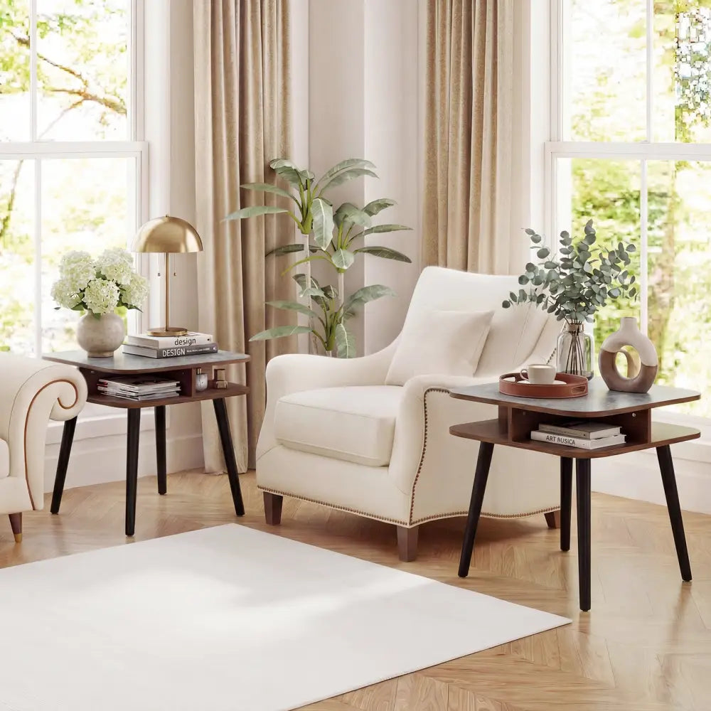 Side Table Faux Marble End Table with Storage Shelves and Rubber Wood Legs-Walnut - Walnut - End & Side Tables