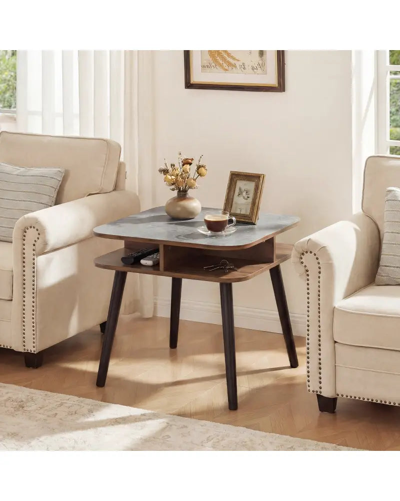 Side Table Faux Marble End Table with Storage Shelves and Rubber Wood Legs-Walnut - Walnut - End & Side Tables