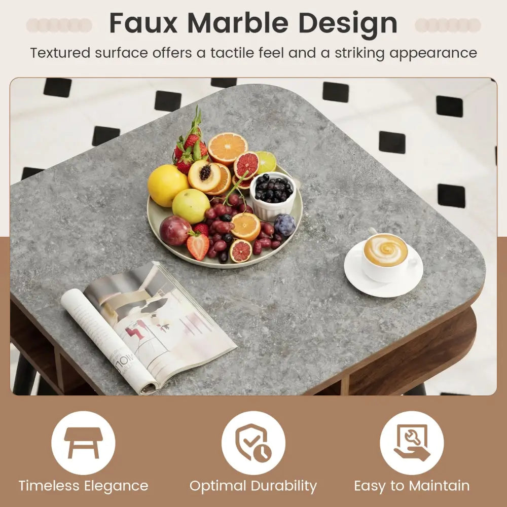 Side Table Faux Marble End Table with Storage Shelves and Rubber Wood Legs-Walnut - Walnut - End & Side Tables