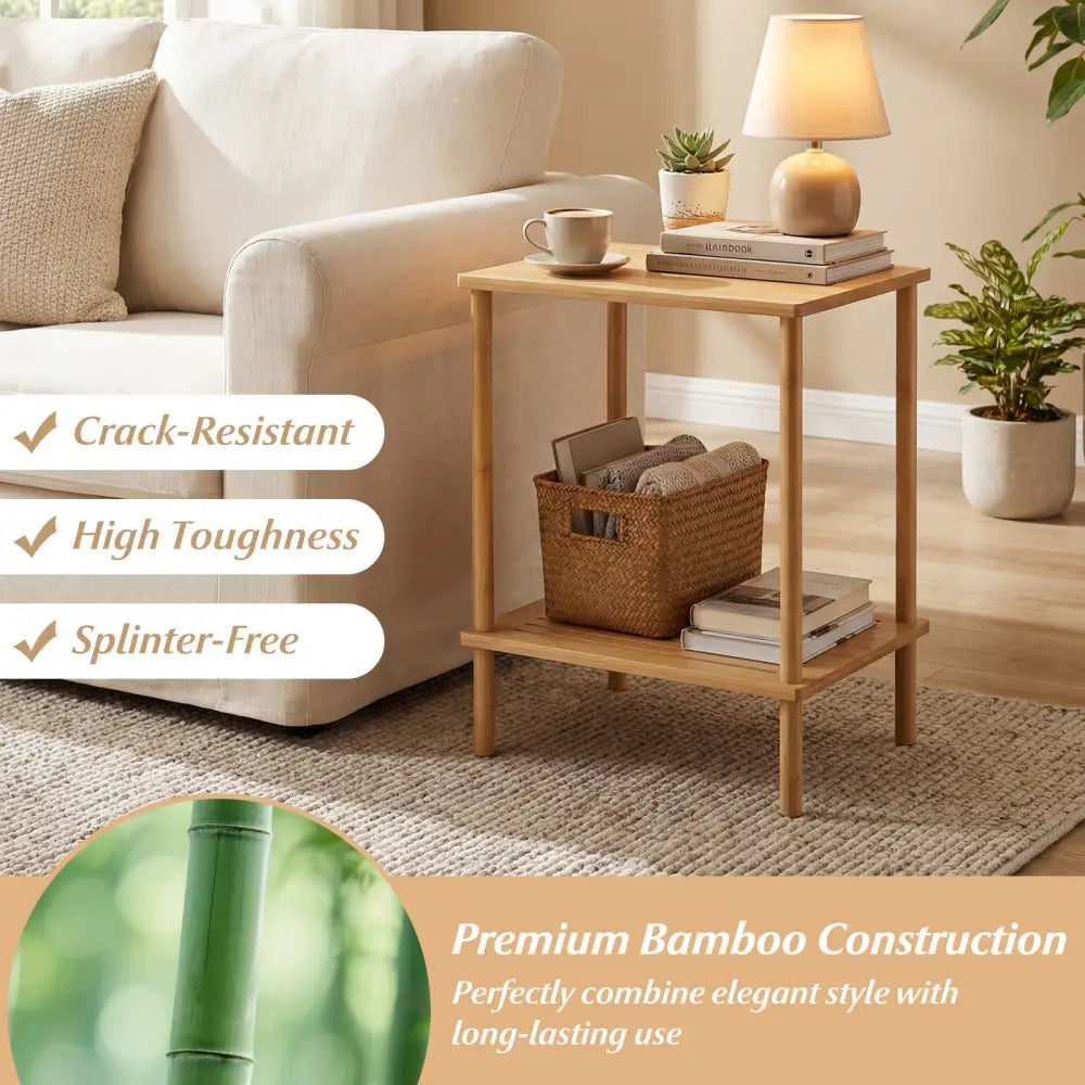 Side Table Set of 2 2-Tier Bamboo End Table with Storage Shelves Rectangular Tea Sofa Table-Natural - Natural - End &
