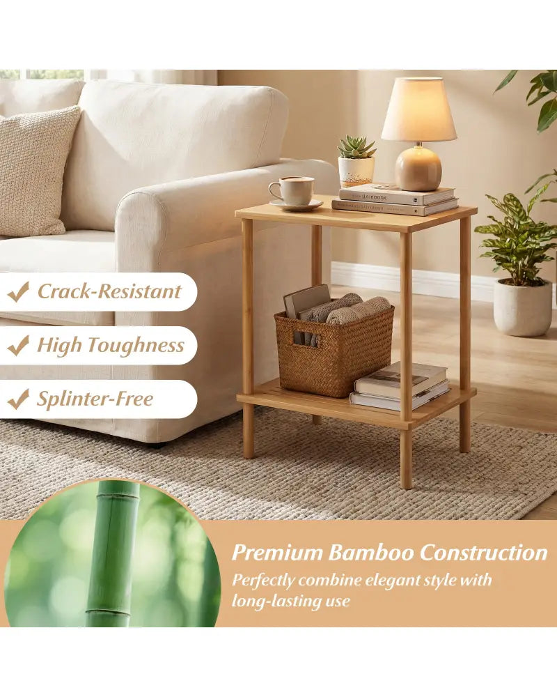 Side Table Set of 2 2-Tier Bamboo End Table with Storage Shelves Rectangular Tea Sofa Table-Natural - Natural - End &