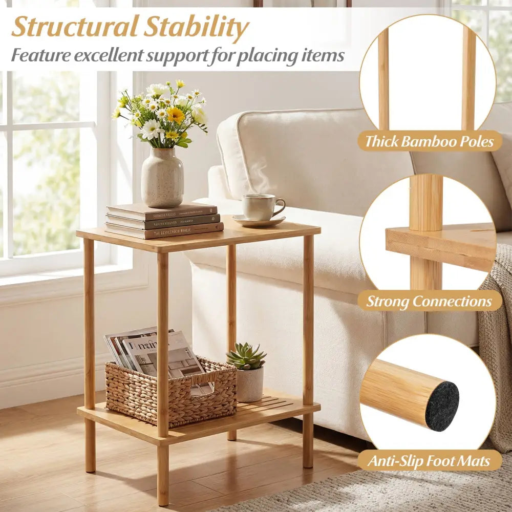 Side Table Set of 2 2-Tier Bamboo End Table with Storage Shelves Rectangular Tea Sofa Table-Natural - Natural - End &