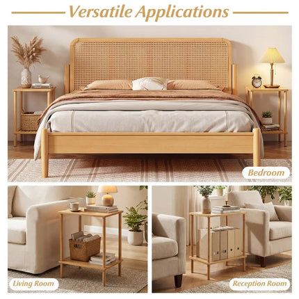 Side Table Set of 2 2-Tier Bamboo End Table with Storage Shelves Rectangular Tea Sofa Table-Natural - Natural - End &