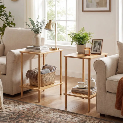 Side Table Set of 2 2-Tier Bamboo End Table with Storage Shelves Rectangular Tea Sofa Table-Natural - Natural - End &