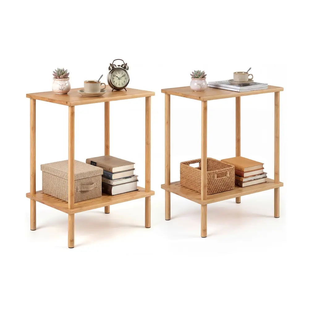 Side Table Set of 2 2-Tier Bamboo End Table with Storage Shelves Rectangular Tea Sofa Table-Natural - Natural - End &