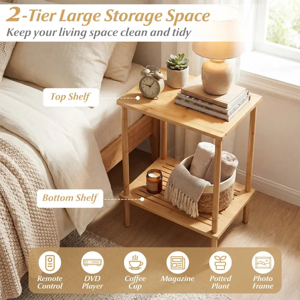 Side Table Set of 2 2-Tier Bamboo End Table with Storage Shelves Rectangular Tea Sofa Table-Natural - Natural - End &