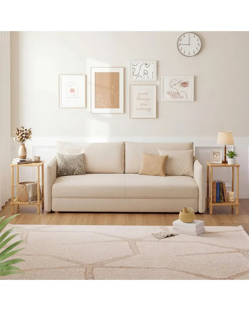 Side Table Set of 2 2-Tier Bamboo End Table with Storage Shelves Rectangular Tea Sofa Table-Natural - Natural - End &