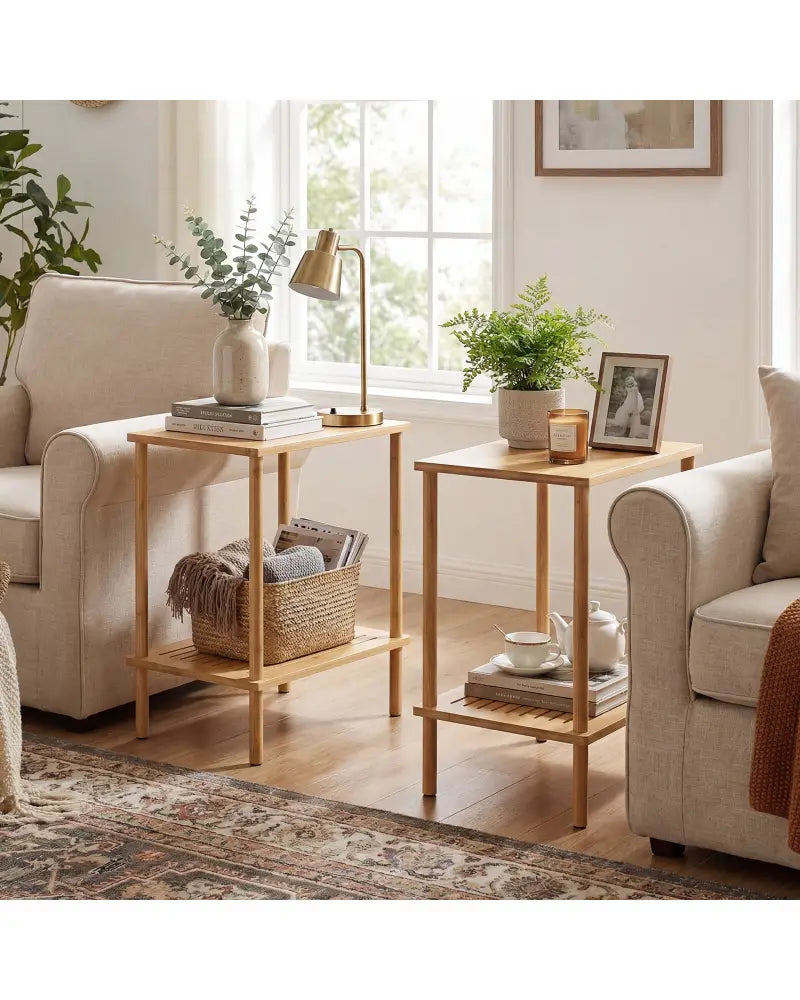 Side Table Set of 2 2-Tier Bamboo End Table with Storage Shelves Rectangular Tea Sofa Table-Natural - Natural - End &