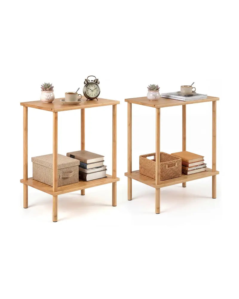 Side Table Set of 2 2-Tier Bamboo End Table with Storage Shelves Rectangular Tea Sofa Table-Natural - Natural - End &