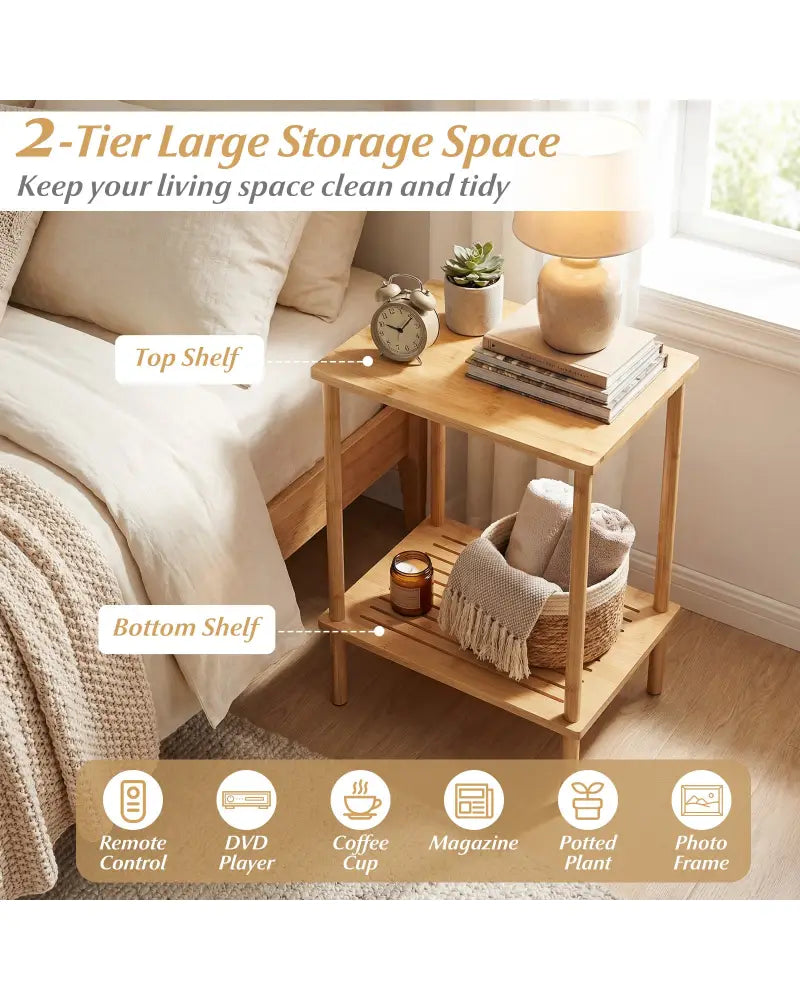 Side Table Set of 2 2-Tier Bamboo End Table with Storage Shelves Rectangular Tea Sofa Table-Natural - Natural - End &