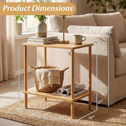 Side Table Set of 2 2-Tier Bamboo End Table with Storage Shelves Rectangular Tea Sofa Table-Natural - Natural - End &