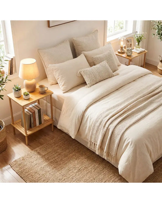 Side Table Set of 2 2-Tier Bamboo End Table with Storage Shelves Rectangular Tea Sofa Table-Natural - Natural - End &