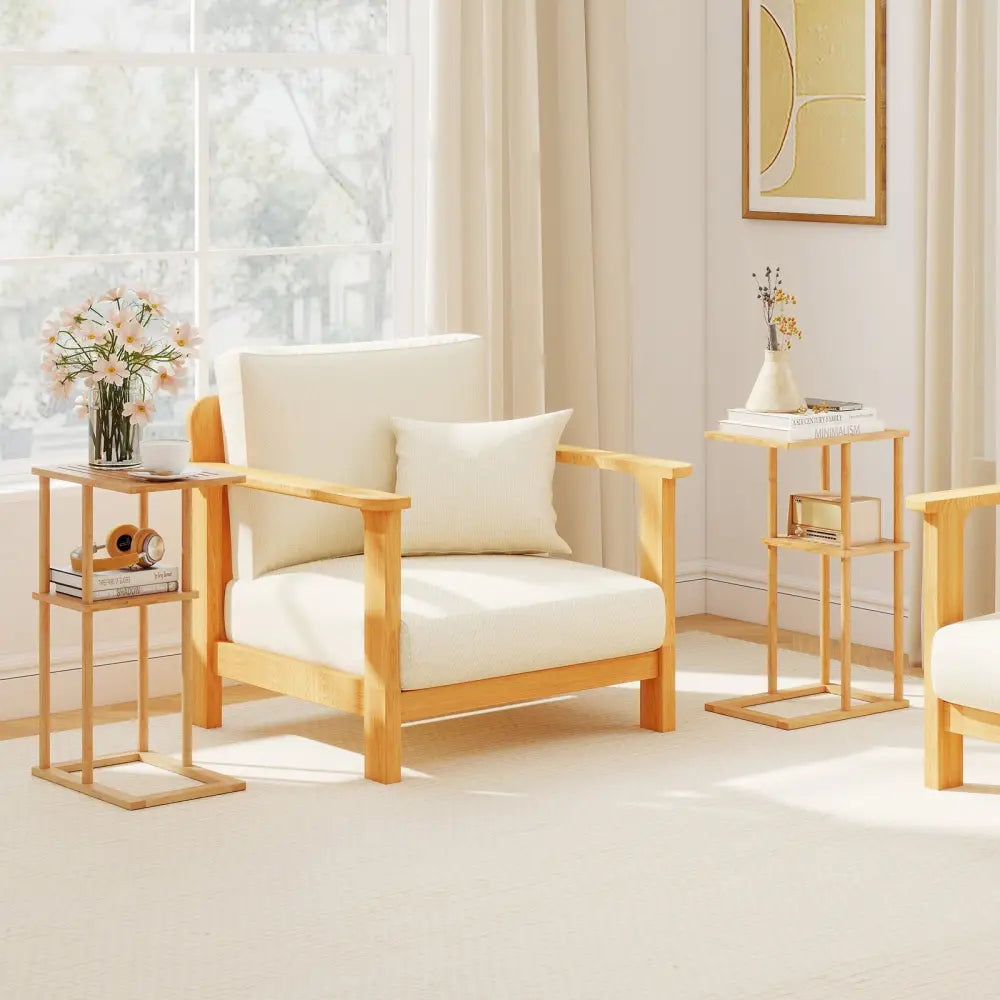 Side Table Set of 2 with Storage Shelves and Bamboo Construction-Natural - Natural - End & Side Tables