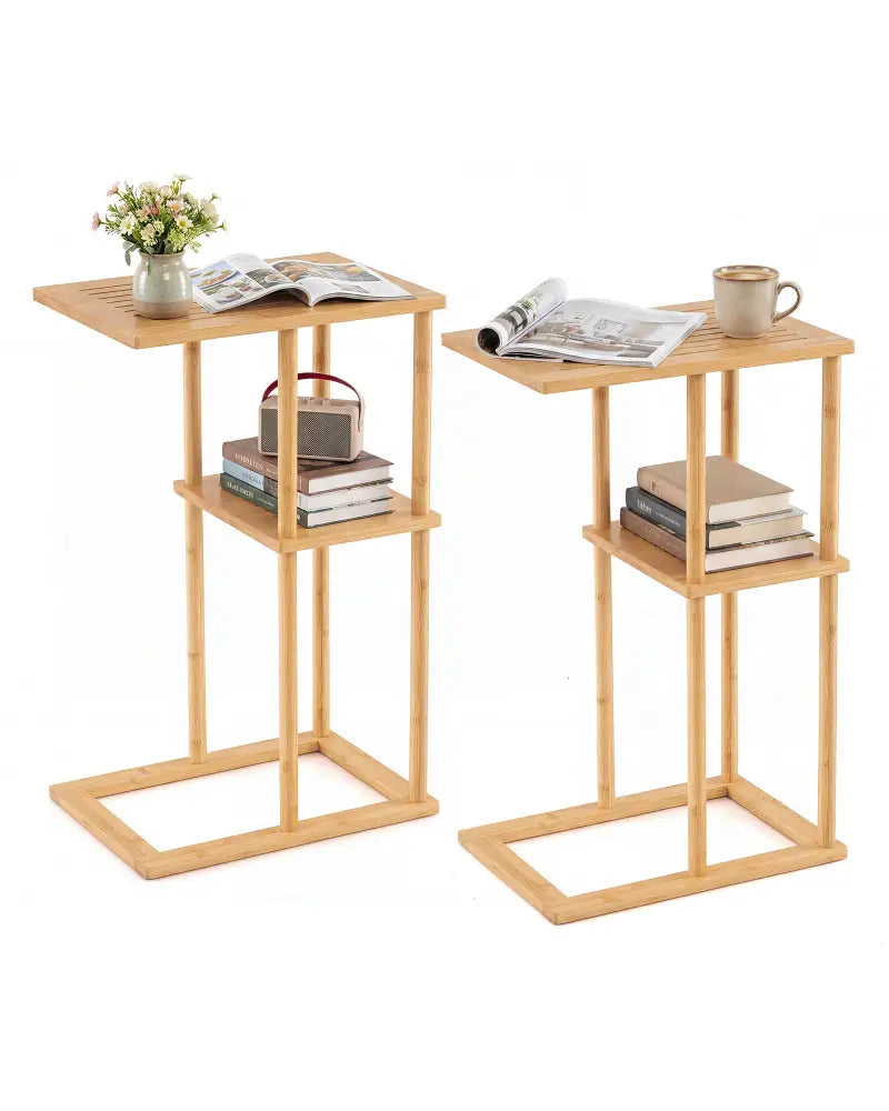 Side Table Set of 2 with Storage Shelves and Bamboo Construction-Natural - Natural - End & Side Tables